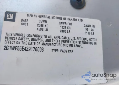 2002 Chevrolet Impala z USA, uszkodzony, nr VIN 2G1WF55E429170003